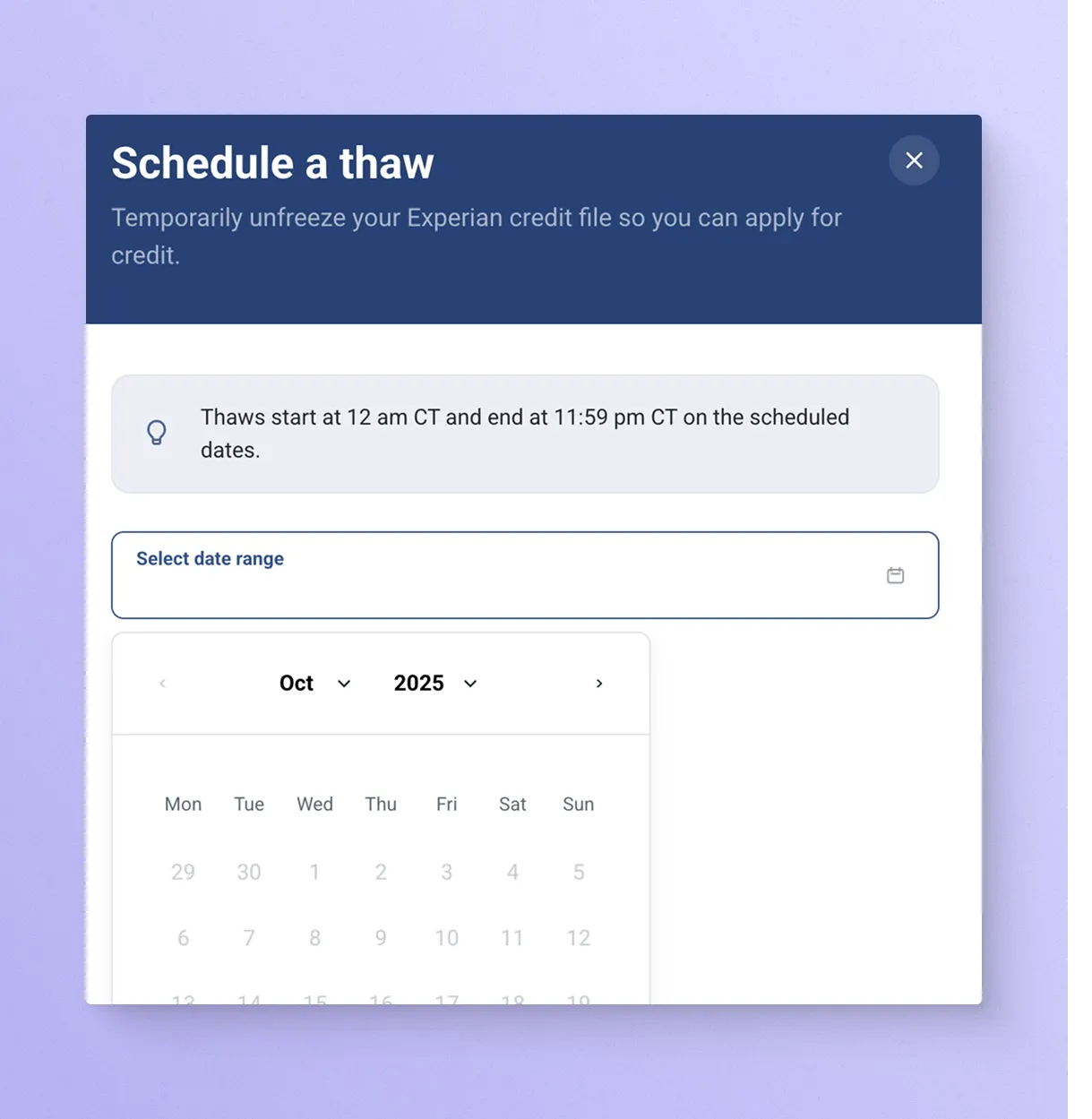 Experian credit freeze lifted screen