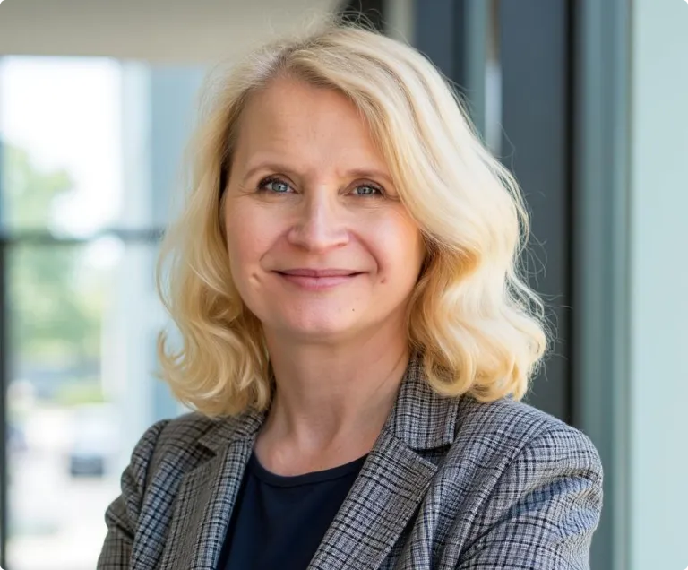 Professional headshot of a smiling woman with shoulder-length blonde hair wearing a gray plaid blazer