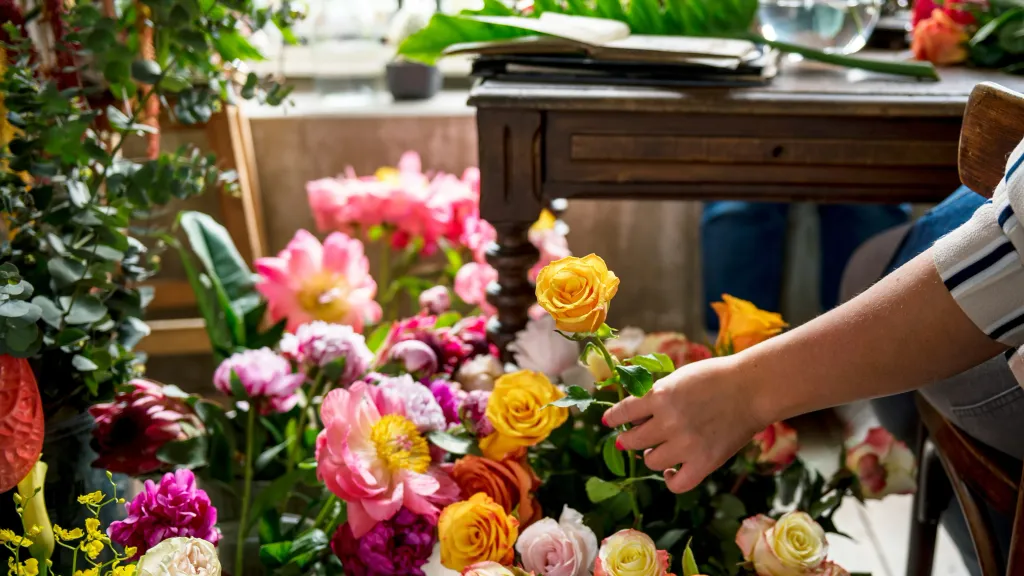 A hand picks out a flower from a colorful array