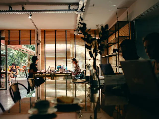 An office scene with a window