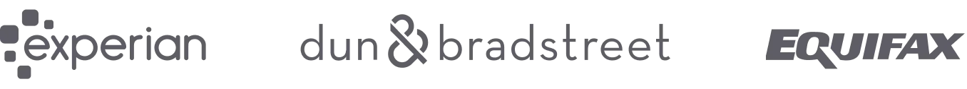 Experian, Dun & Bradstreet, and Equifax business credit bureau logos displayed in gray on a white background.