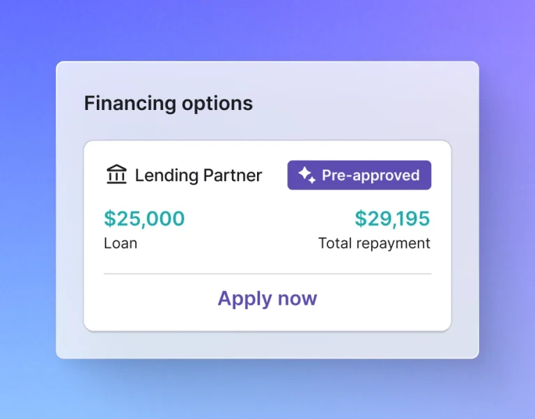Simplified UI mockup card illustrating a $25,000 pre-approved small business loan match with total repayment details.