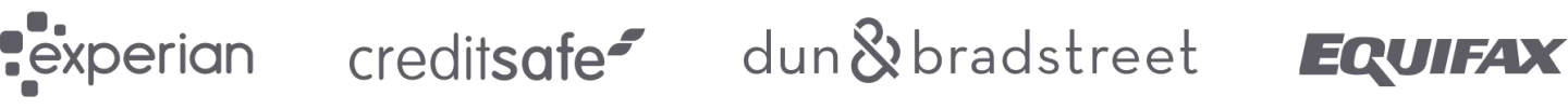 Experian, Dun & Bradstreet, Creditsafe, and Equifax business credit bureau logos displayed in gray on a white background.