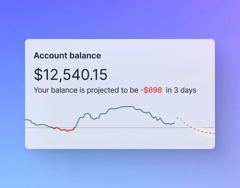 Simplified UI mockup showing Nav's cash flow forecasting feature, account balance tracking, and predictive cash shortfall alerts.