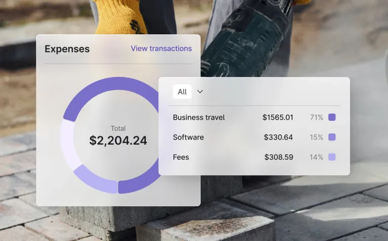 Nav website UI showing business expense breakdown of $2,204.24 with donut chart and category breakdown including business travel, software, and fees.
