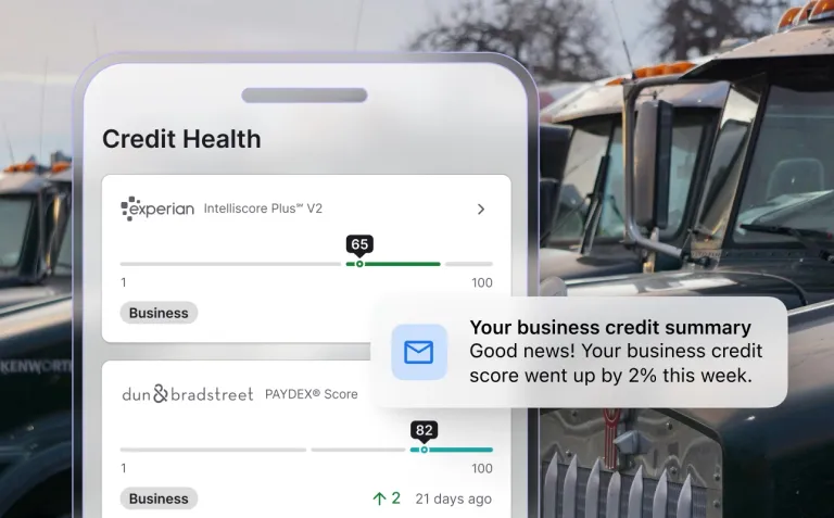 Nav mobile app UI showing Credit Health screen with Experian Intelliscore Plus 65/100 and Dun & Bradstreet PAYDEX Score 82/100 with a business credit score improvement notification.