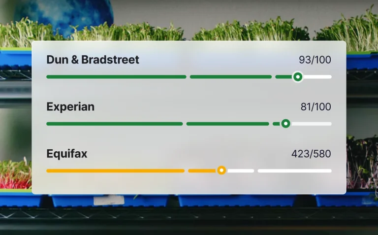 Simplified UI mockup displaying business credit scores for Experian, Dun & Bradstreet, Creditsafe, Equifax, and FICO SBSS overlaid on microgreens growing on shelves.